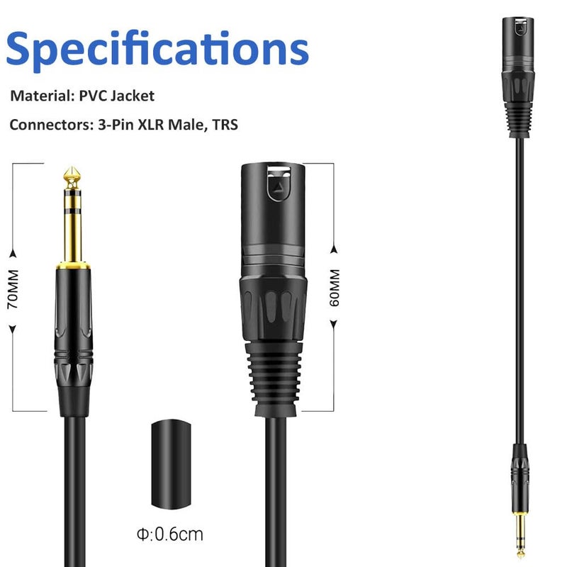 DREMAKE 20 FT 6.35 mm 1/4 Inch TRS Male to XLR Male Audio Stereo Mic Cable - Gold Plated 1/4 Inch Male to XLR Male Balanced Cable for Microphones, Speakers, Stage, DJ and More - Black - Image 3
